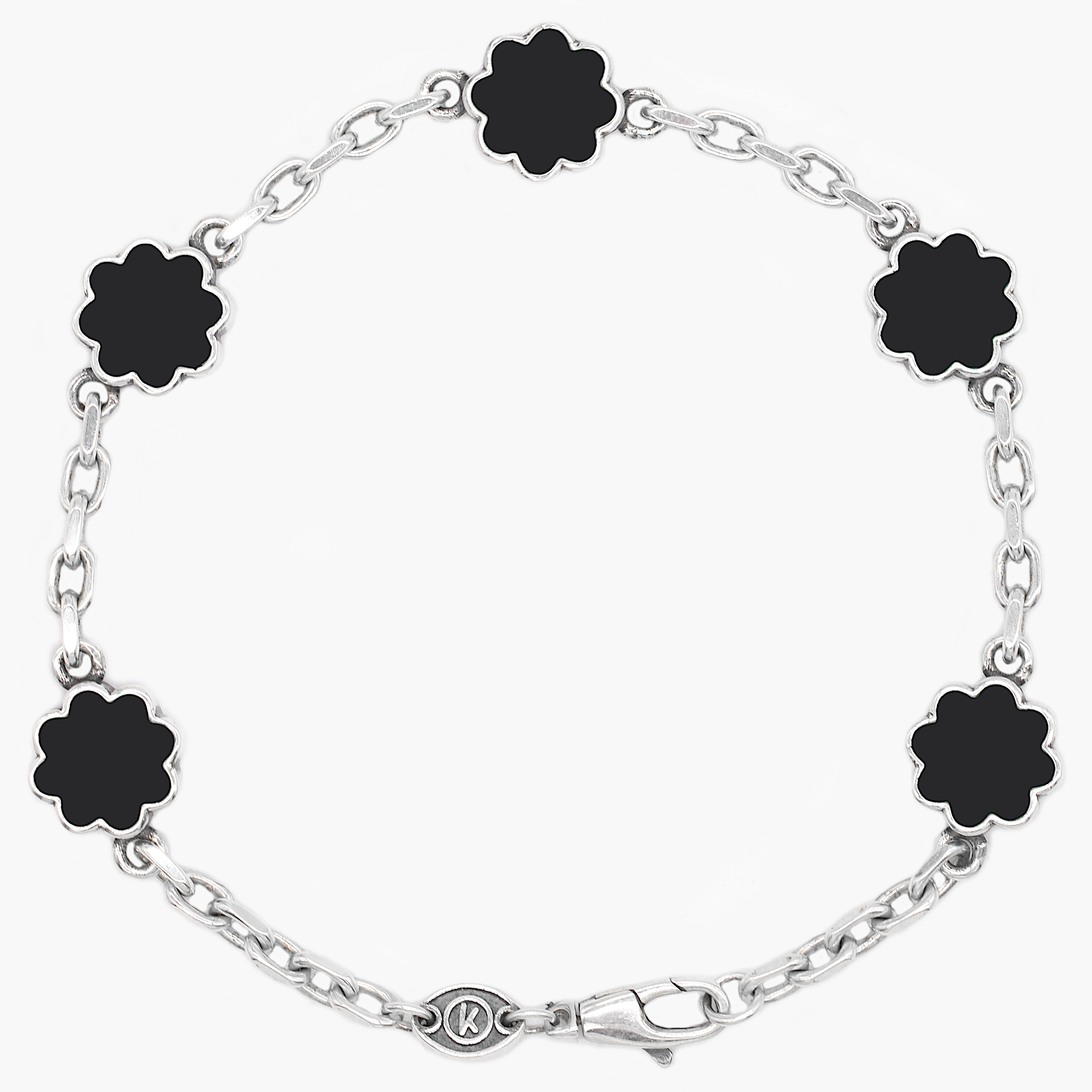 Multi Daisies Sterling Silver Chain Bracelet With Matt Onyx-Bracelet-Kompsós