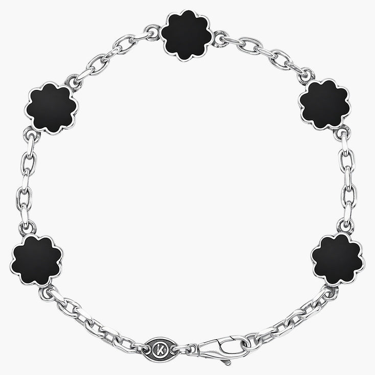 Multi Daisies Sterling Silver Chain Bracelet With Matt Onyx-Bracelet-Kompsós