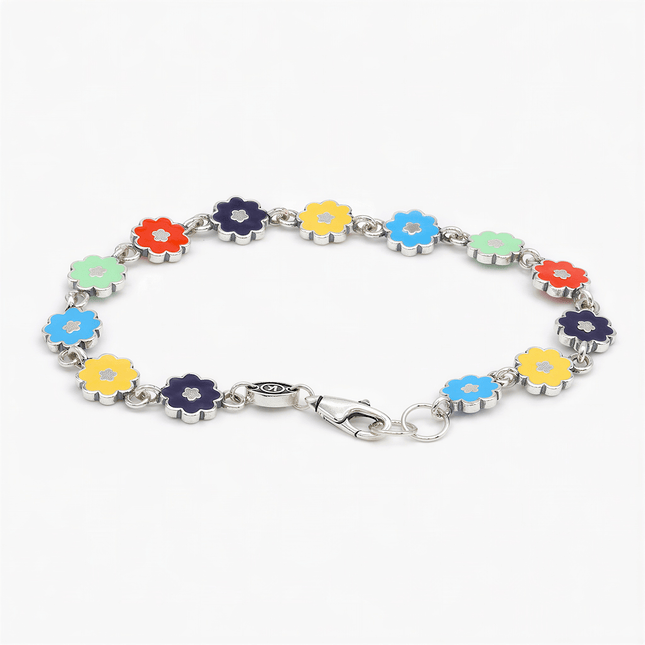 Multi Enameled Flowers Sterling Silver Chain Bracelet-Bracelet-Kompsós