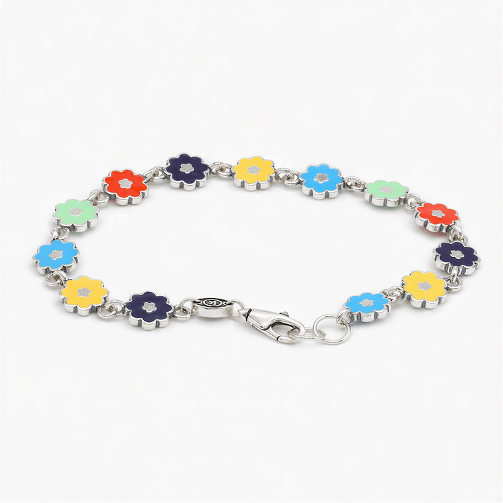 Multi Enameled Flowers Sterling Silver Chain Bracelet-Bracelet-Kompsós