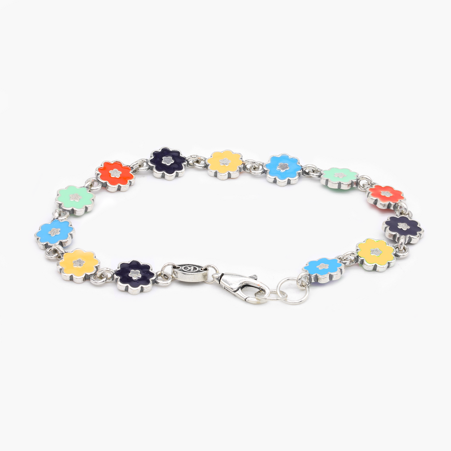Multi Enameled Flowers Sterling Silver Chain Bracelet-Bracelet-Kompsós