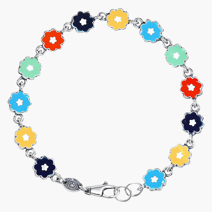 Multi Enameled Flowers Sterling Silver Chain Bracelet-Bracelet-Kompsós