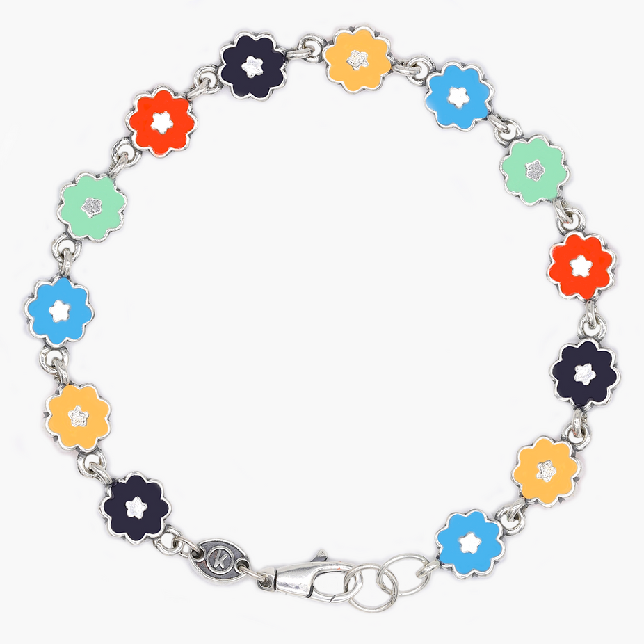 Multi Enameled Flowers Sterling Silver Chain Bracelet-Bracelet-Kompsós