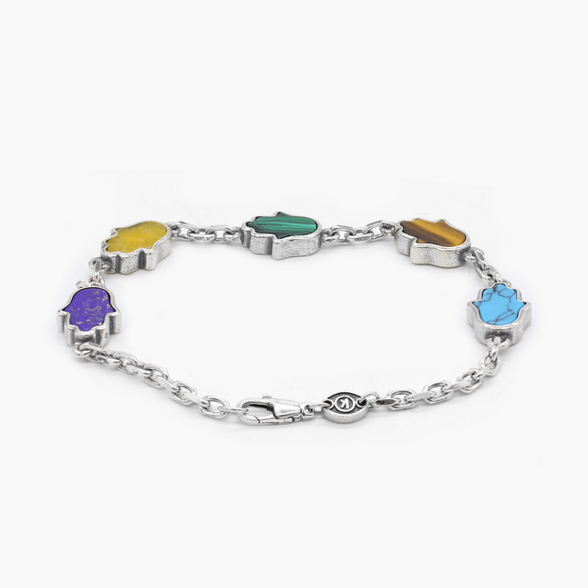 Multi Hamsa Sterling Silver Bracelet With Assorted Natural Stones-Bracelet-Kompsós