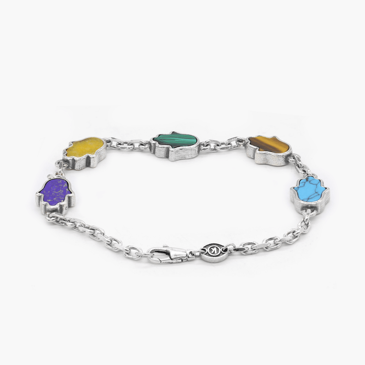 Multi Hamsa Sterling Silver Bracelet With Assorted Natural Stones-Bracelet-Kompsós