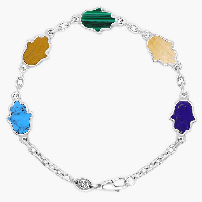 Multi Hamsa Sterling Silver Bracelet With Assorted Natural Stones-Bracelet-Kompsós
