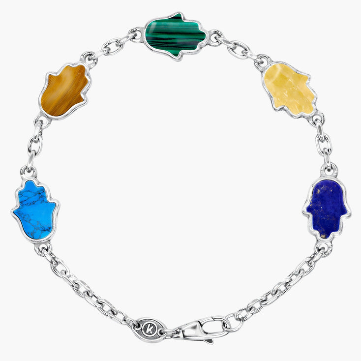 Multi Hamsa Sterling Silver Bracelet With Assorted Natural Stones-Bracelet-Kompsós