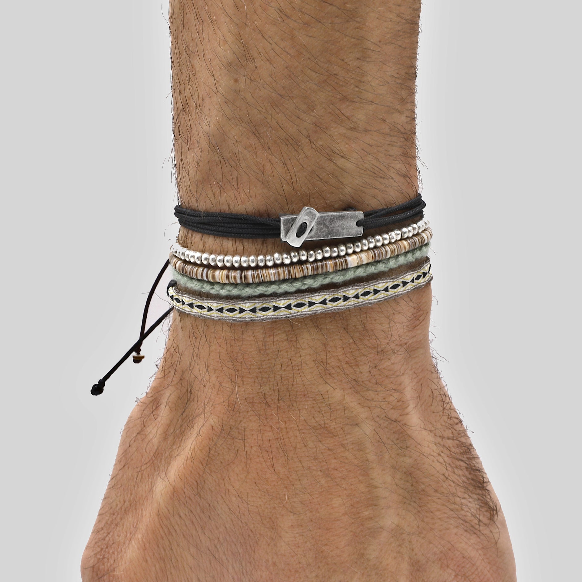Multi Wraps String Bracelet With Sterling Silver Button (Black)-Bracelet-Kompsós