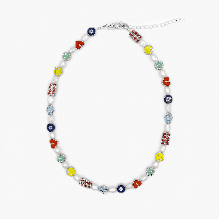 Necklace With Enamelled Charms And Freshwater Pearls-Necklace-Kompsós