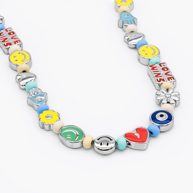 Necklace With Enamelled Charms And Pastel Beads-Necklace-Kompsós