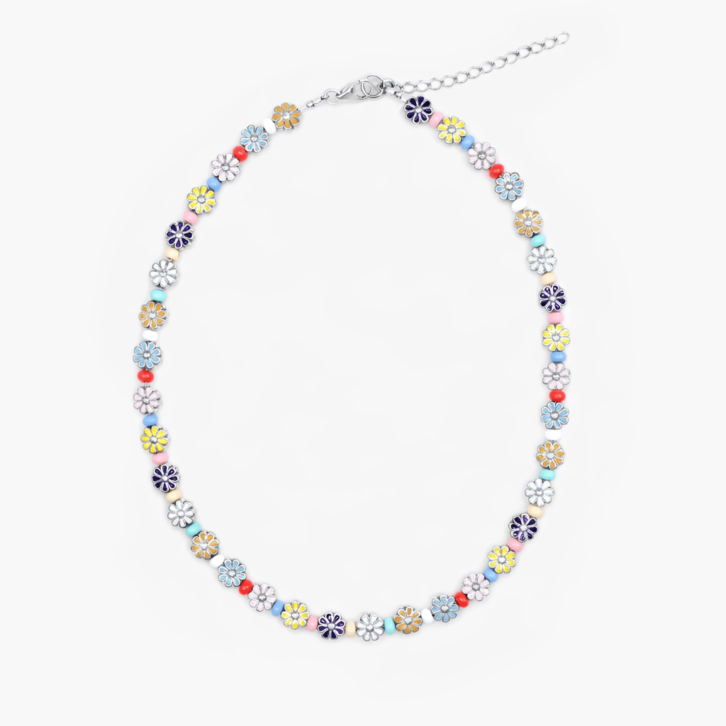 Necklace With Enamelled Flowers And Assorted Pastel Beads-Necklace-Kompsós