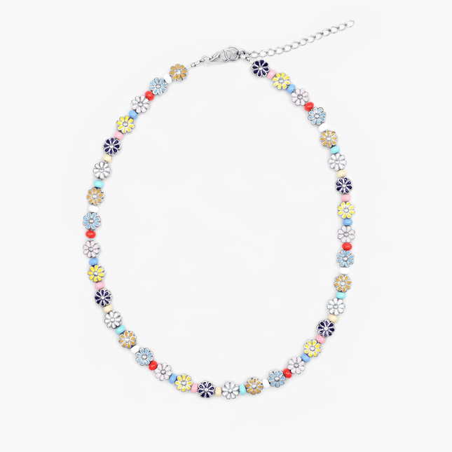 Necklace With Enamelled Flowers And Assorted Pastel Beads-Necklace-Kompsós
