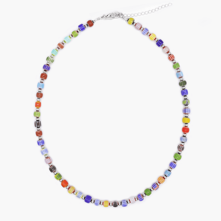 Necklace With Silver And Assorted Chevron Glass Beads-Necklace-Kompsós