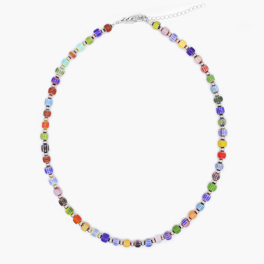 Necklace With Silver And Assorted Chevron Glass Beads-Necklace-Kompsós
