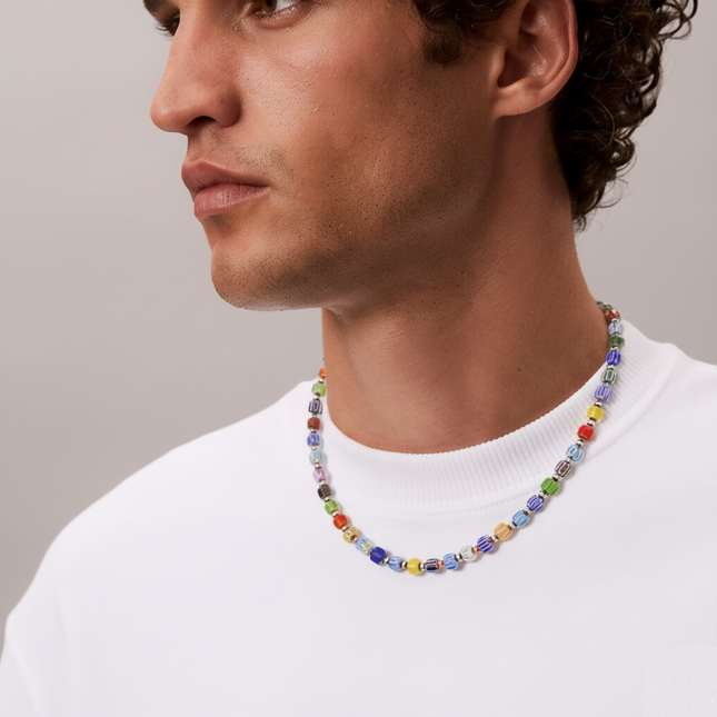 Necklace With Silver And Assorted Chevron Glass Beads-Necklace-Kompsós