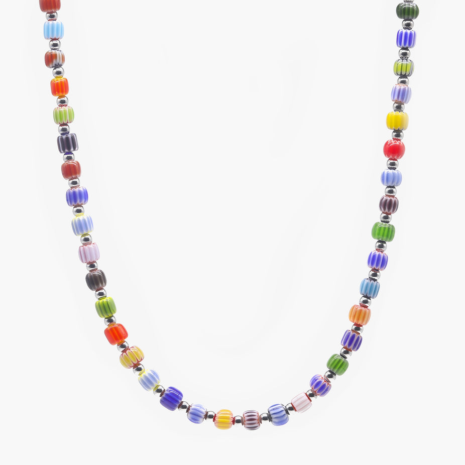 Necklace With Silver And Assorted Chevron Glass Beads-Necklace-Kompsós