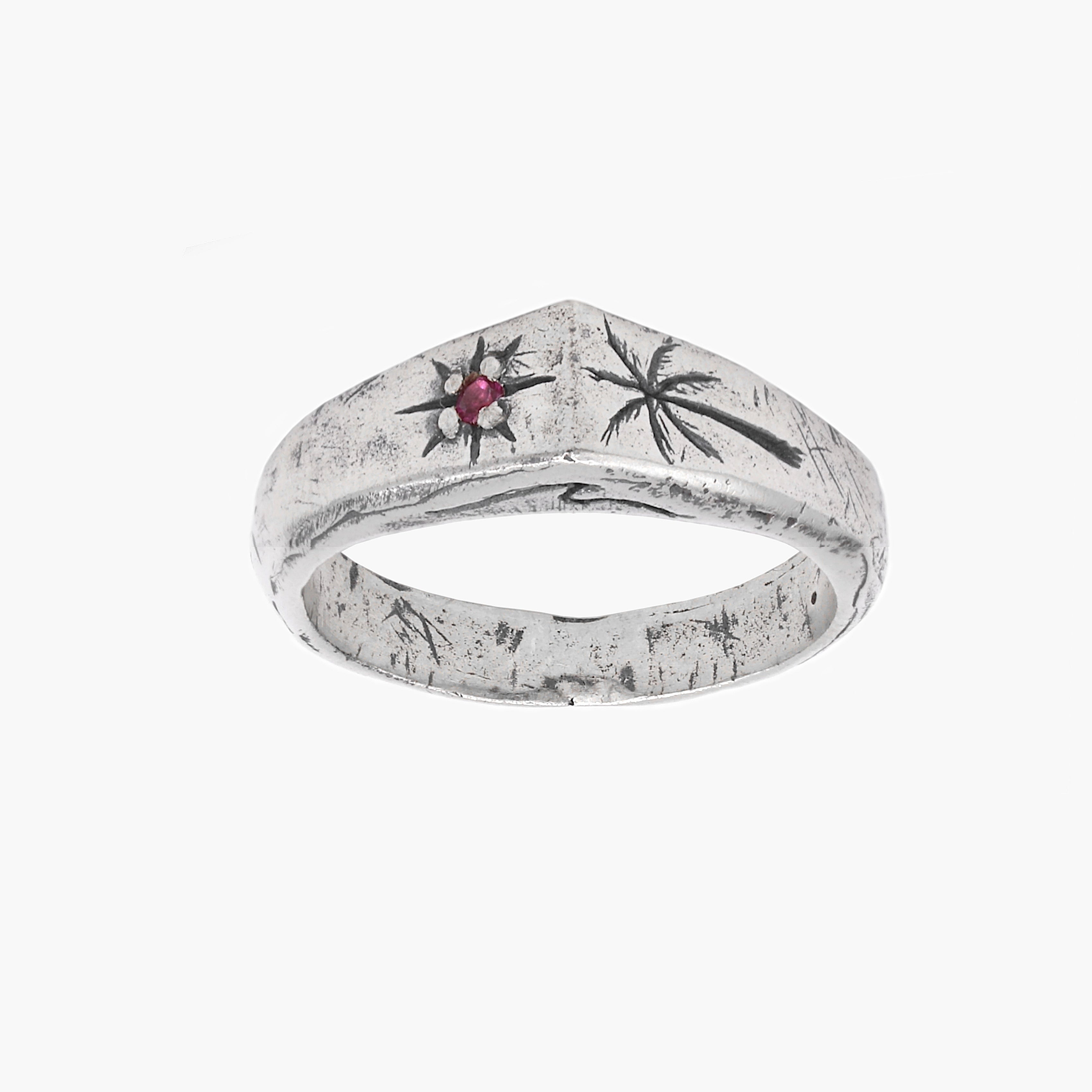 Palm Tree And Garnet Gemstone Sterling Silver Ring-Ring-Kompsós