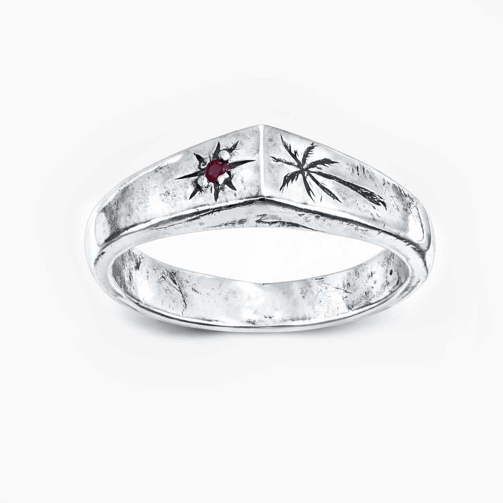 Palm Tree And Garnet Gemstone Sterling Silver Ring-Ring-Kompsós