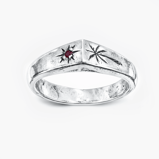 Palm Tree And Garnet Gemstone Sterling Silver Ring-Ring-Kompsós