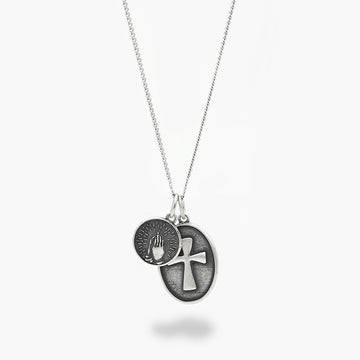 Praying Hands & Cross Double Pendants Silver Necklace-Necklace-Kompsós