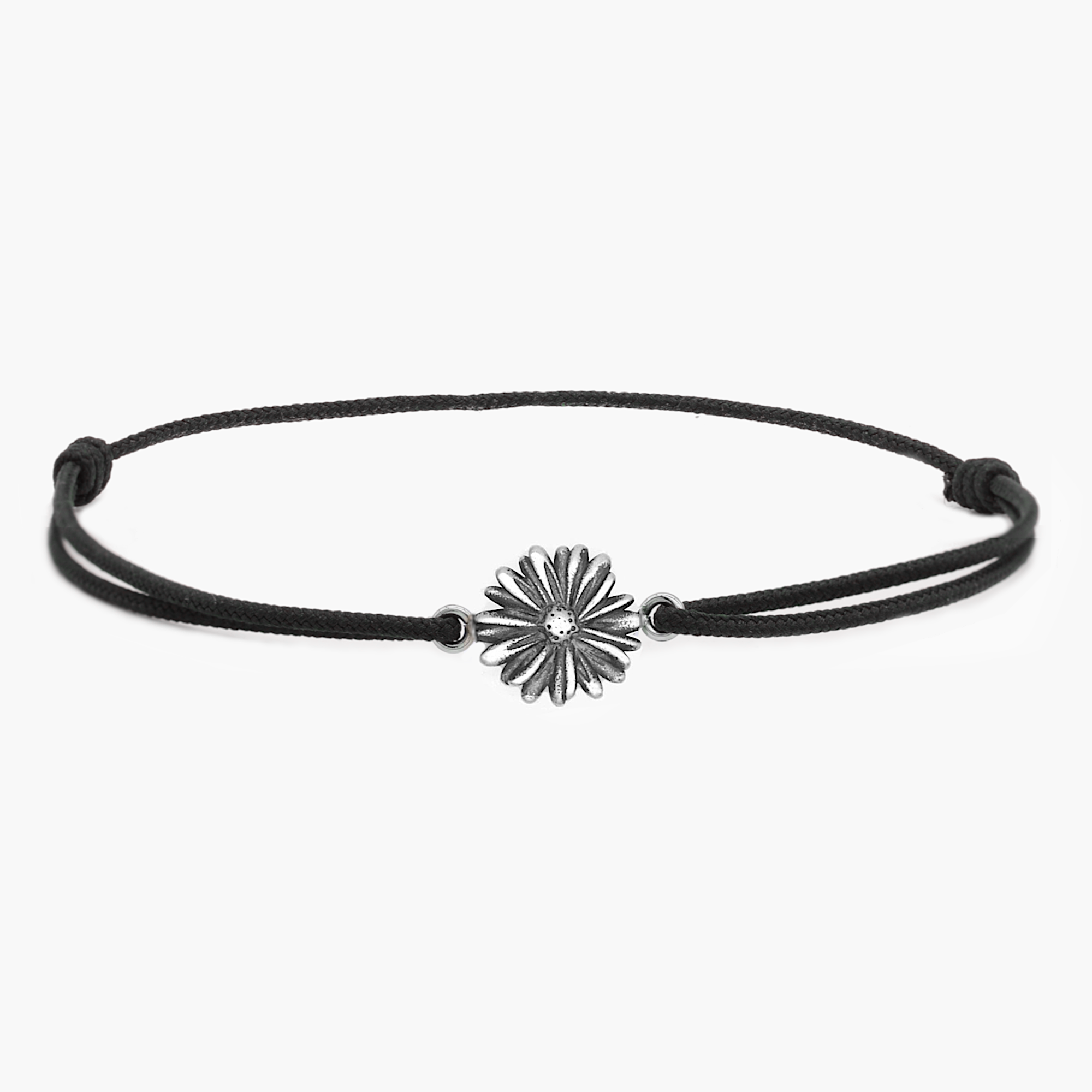 Rope Bracelet With Sterling Silver Daisy Charm (Black)-Jewelry-Kompsós