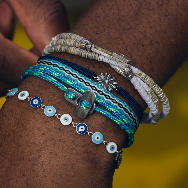 Rope Bracelet With Sterling Silver Daisy Charm (Navy Blue)-Jewelry-Kompsós