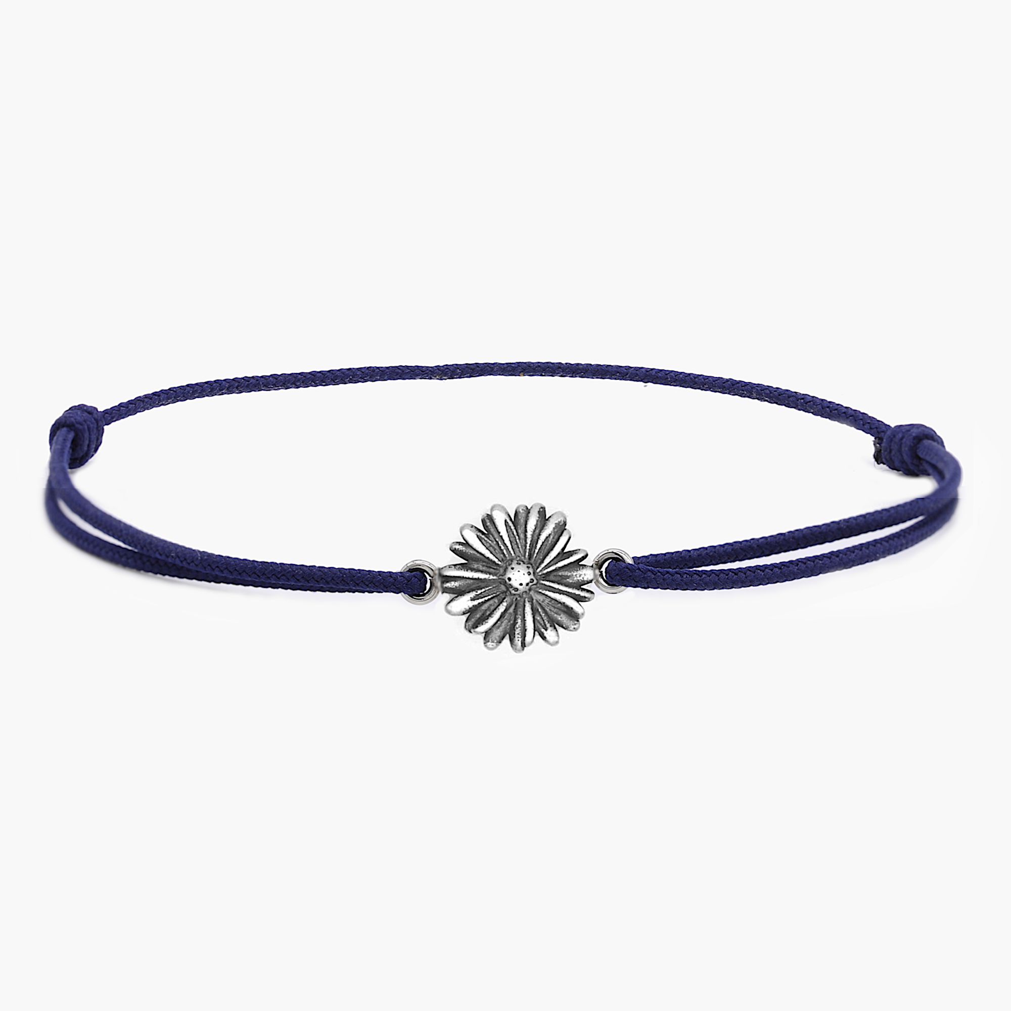 Rope Bracelet With Sterling Silver Daisy Charm (Navy Blue)-Jewelry-Kompsós