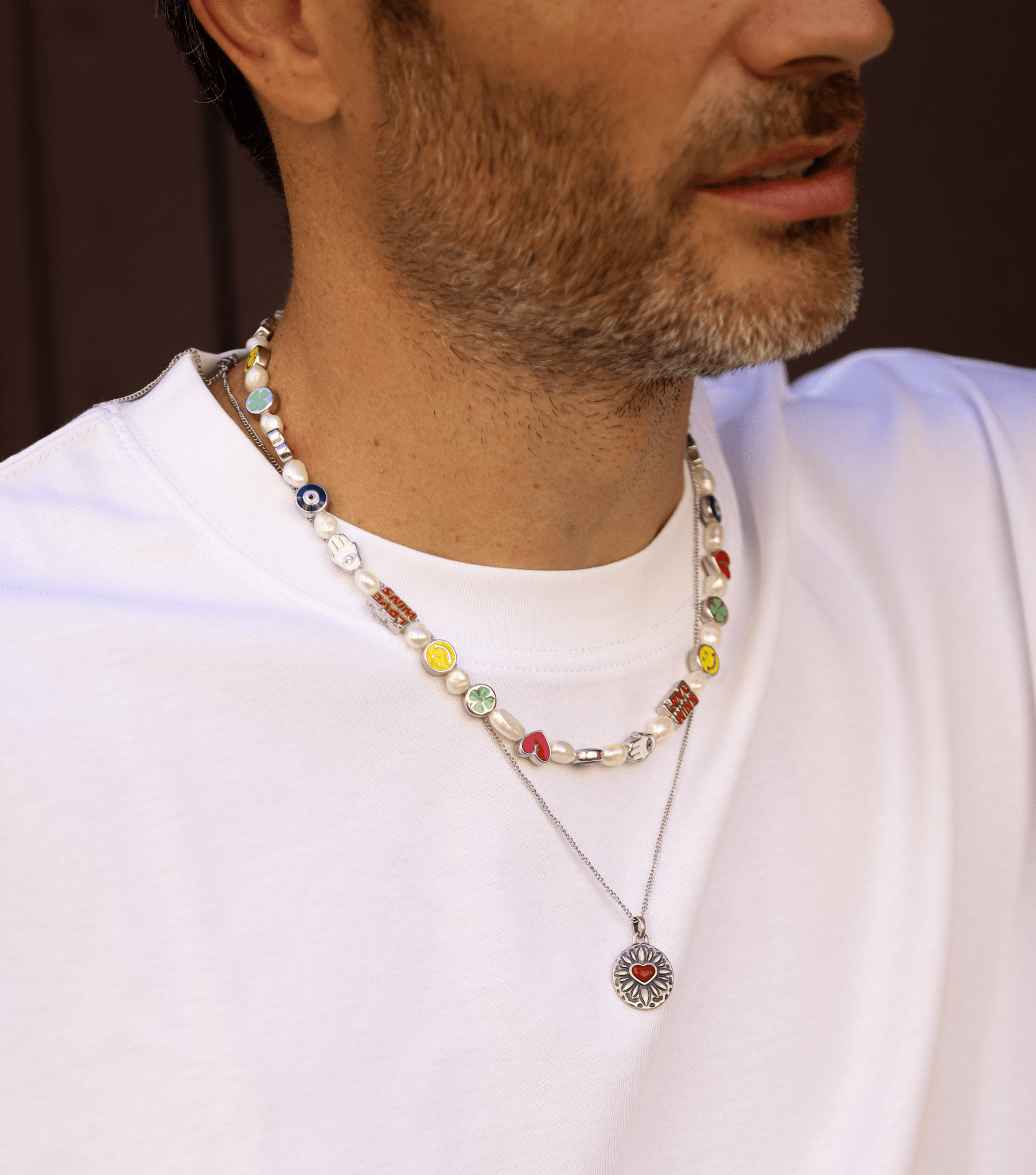 Sacred Heart Sterling Silver Necklace With Red Garnet Stone-Necklace-Kompsós