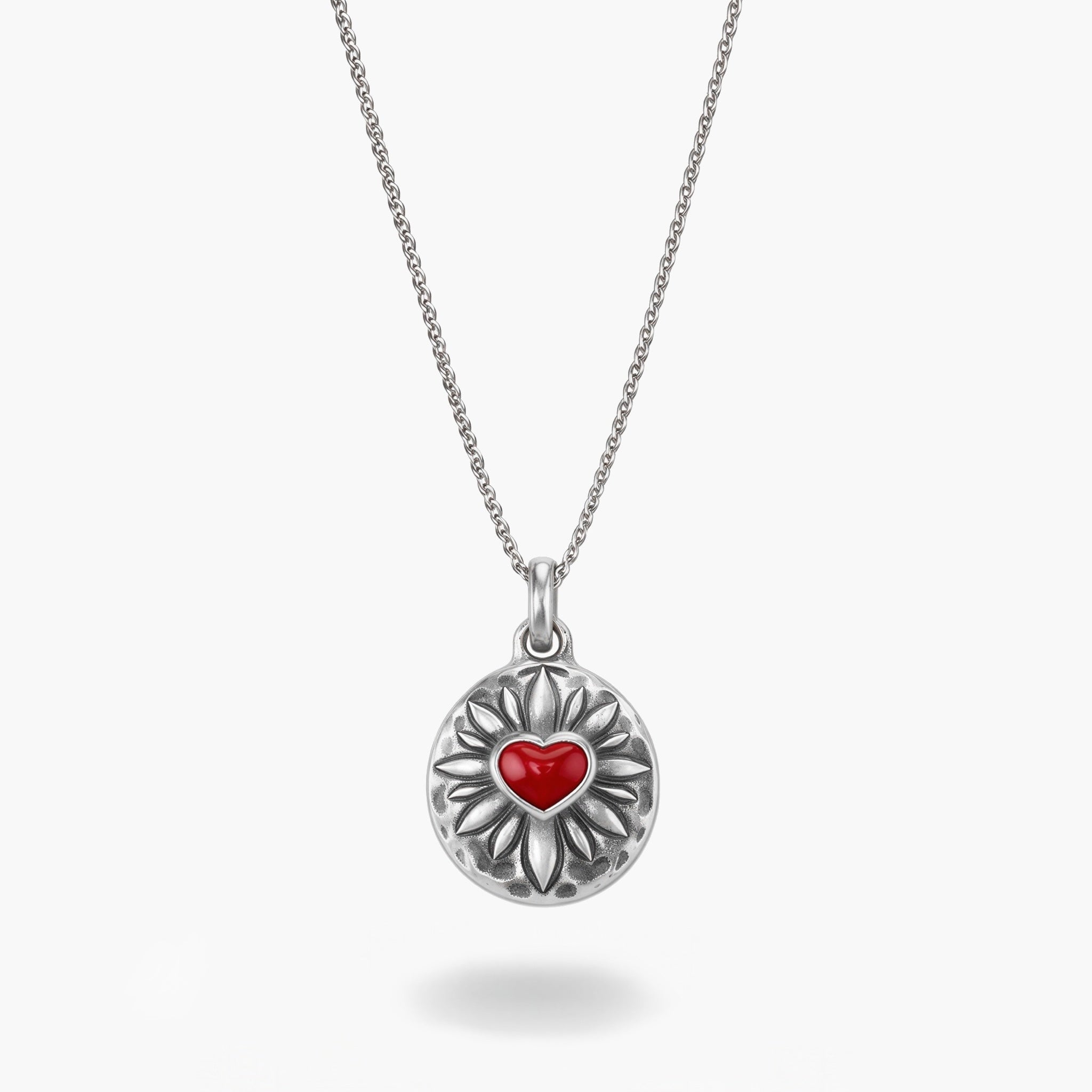 Sacred Heart Sterling Silver Necklace With Red Garnet Stone-Necklace-Kompsós