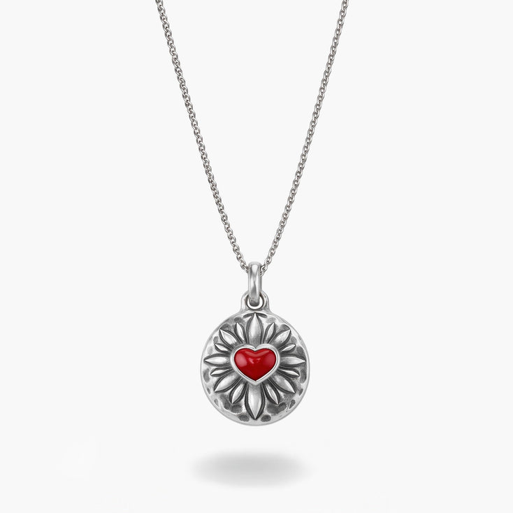 Sacred Heart Sterling Silver Necklace With Red Garnet Stone-Necklace-Kompsós