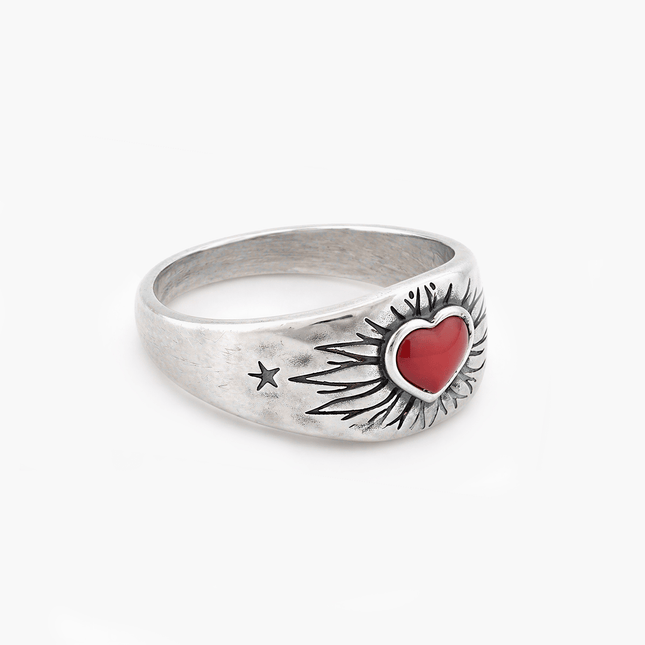 Sacred Heart Sterling Silver Ring With Red Garnet-Ring-Kompsós