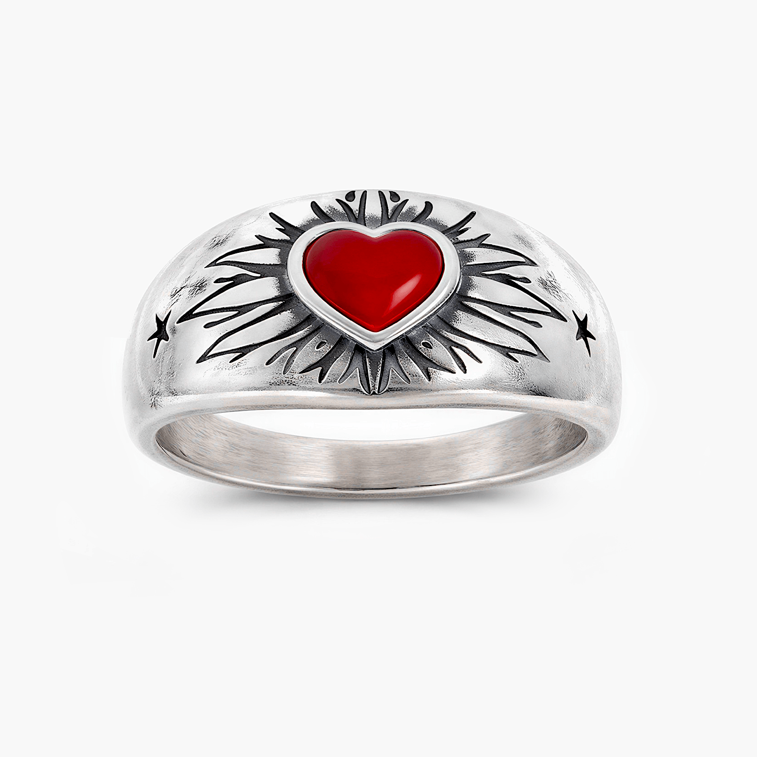 Sacred Heart Sterling Silver Ring With Red Garnet-Ring-Kompsós