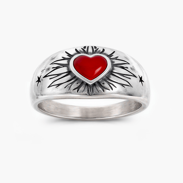 Sacred Heart Sterling Silver Ring With Red Garnet-Ring-Kompsós