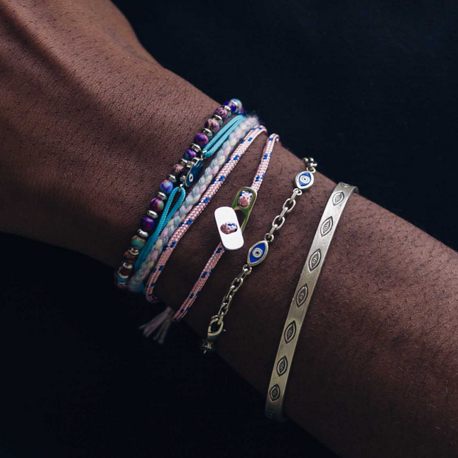 Sailing Cord Bracelet With Silver Clasp (Light Pink/Blue)-Bracelet-Kompsós