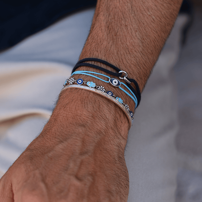 Silver Bracelet With Geometric Double Hoops (Black)-Bracelet-Kompsós