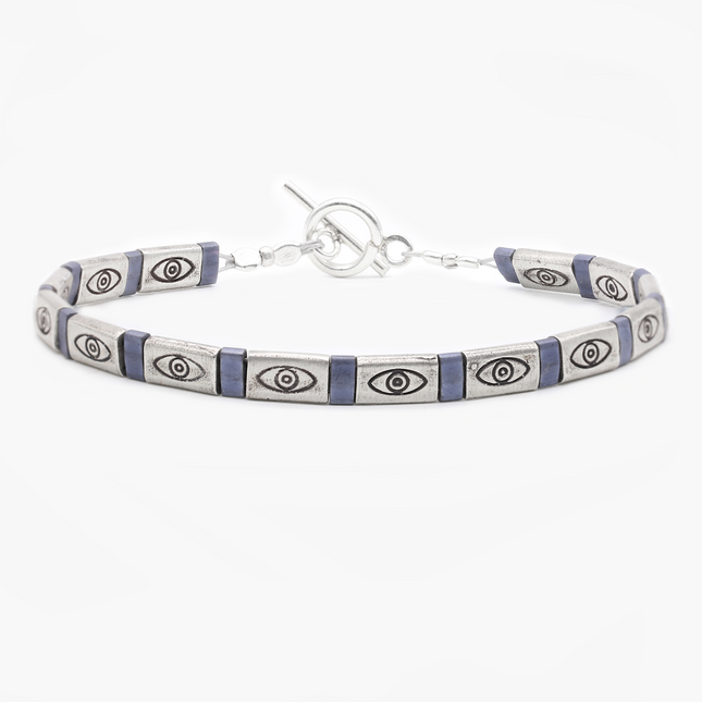Silver Bracelet With Hand-Forged Evil Eye Flat Beads (Petrol Blue)-Bracelet-Kompsós