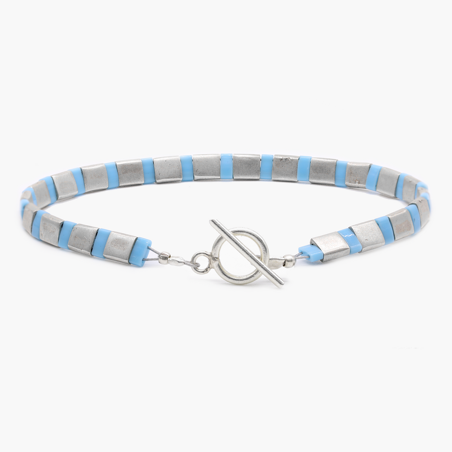 Silver Bracelet With Hand-Forged Tila Beads (Light Blue)-Bracelet-Kompsós