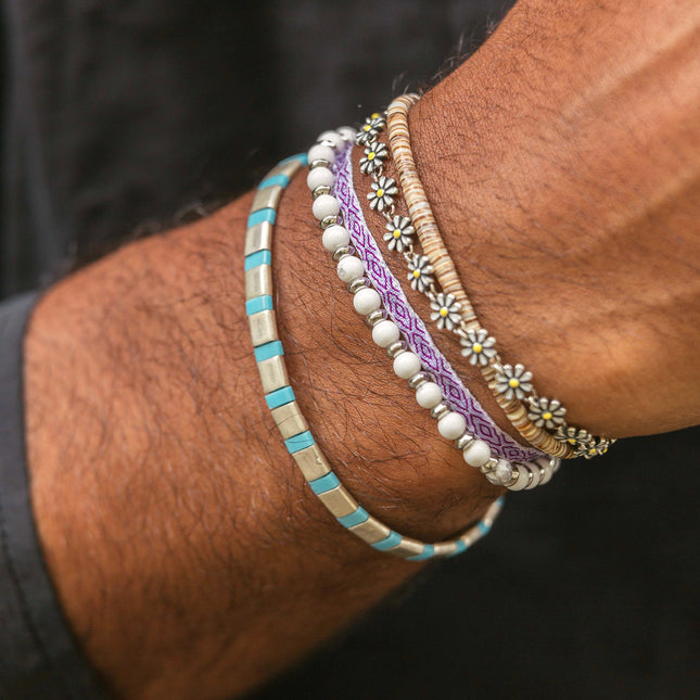 Silver Bracelet With Hand-Forged Tila Beads (Light Blue)-Bracelet-Kompsós