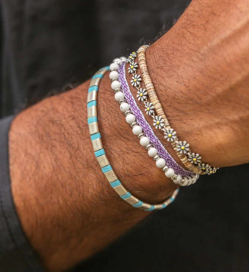 Silver Bracelet With Hand-Forged Tila Beads (Light Blue)-Bracelet-Kompsós