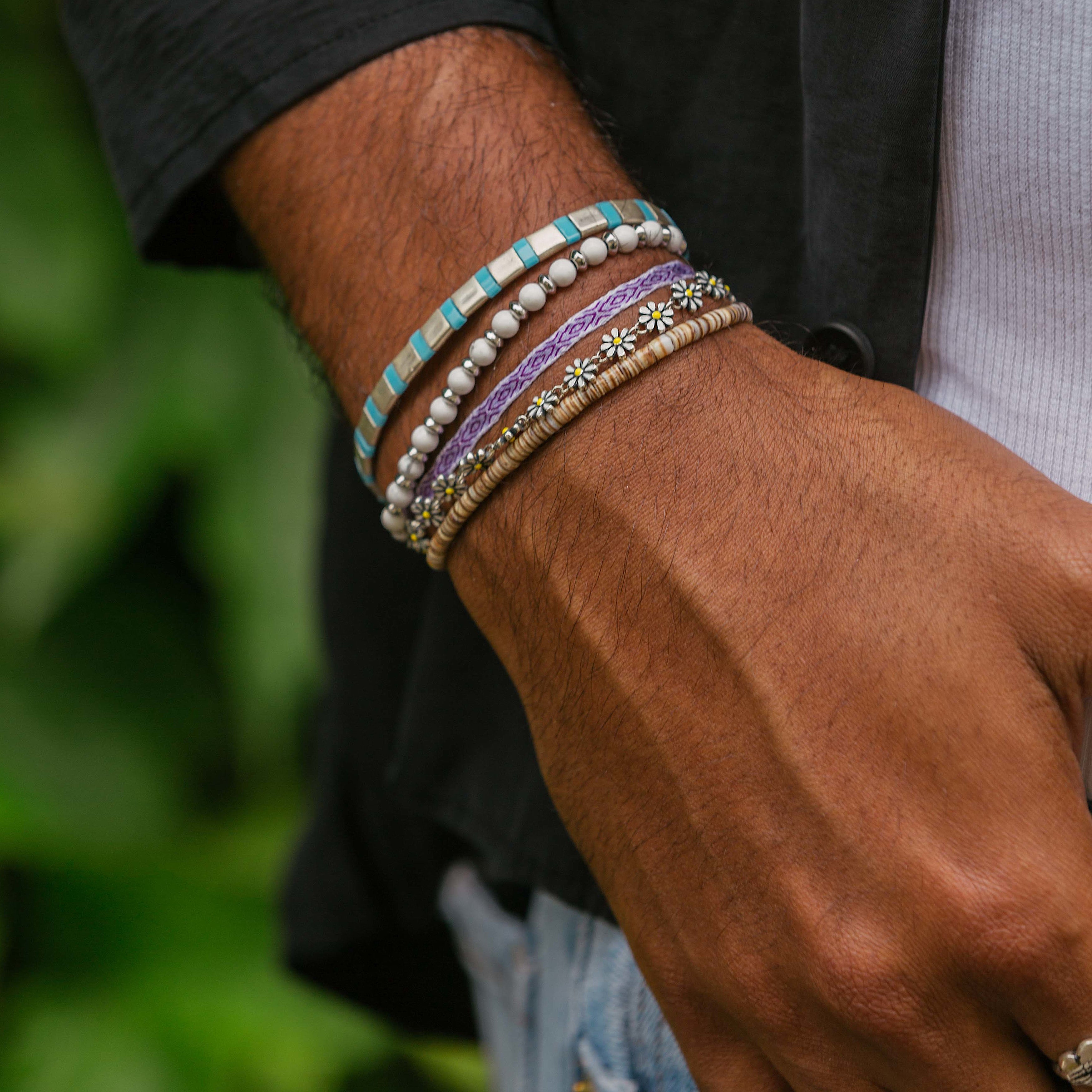 Silver Bracelet With Hand-Forged Tila Beads (Light Blue)-Bracelet-Kompsós