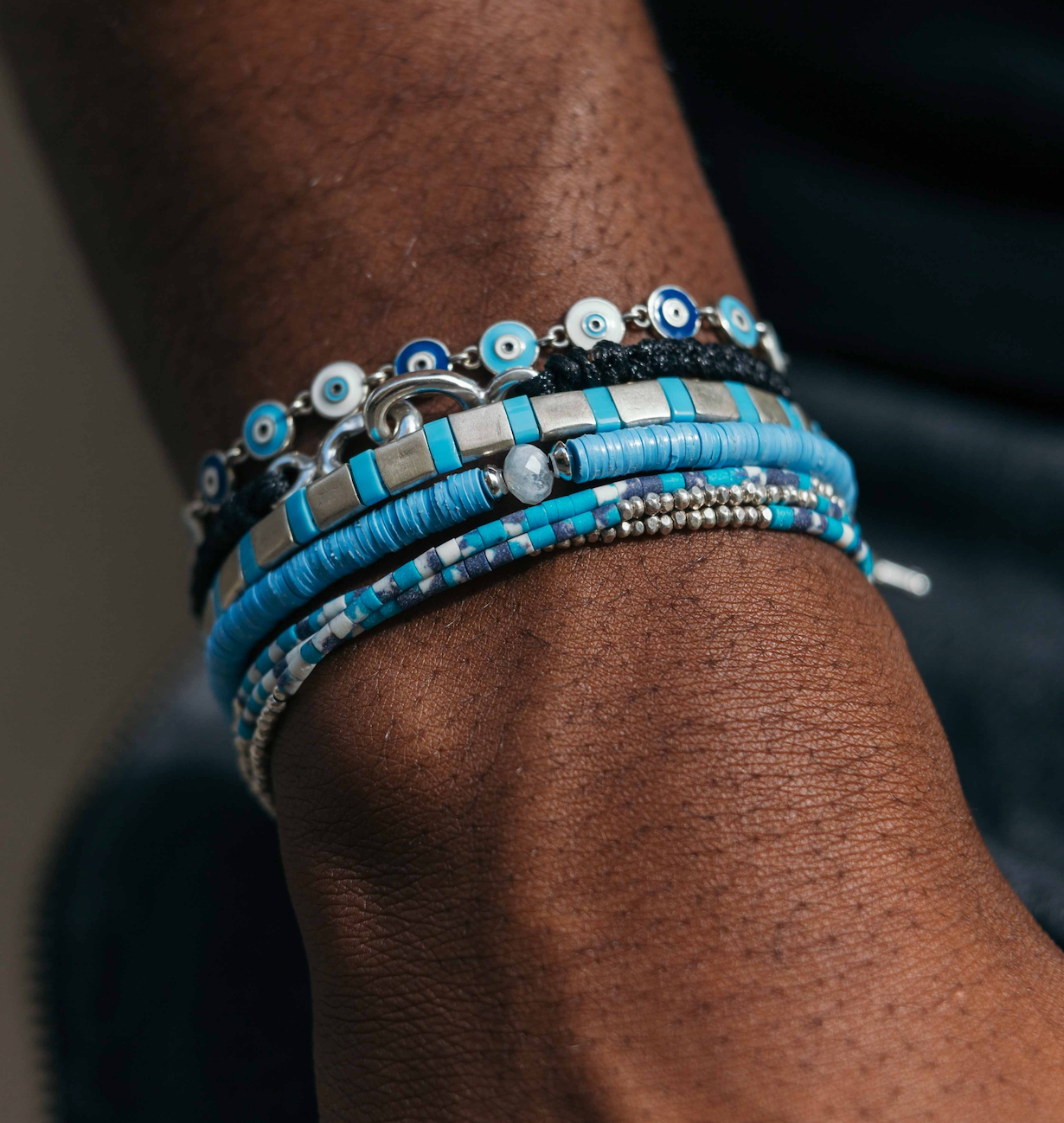 Silver Bracelet With Hand-Forged Tila Beads (Light Blue)-Bracelet-Kompsós