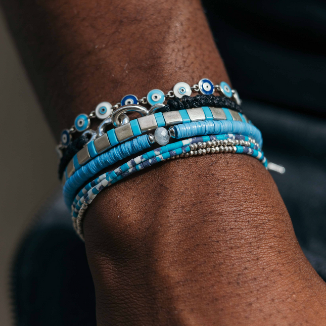 Silver Bracelet With Hand-Forged Tila Beads (Light Blue)-Bracelet-Kompsós