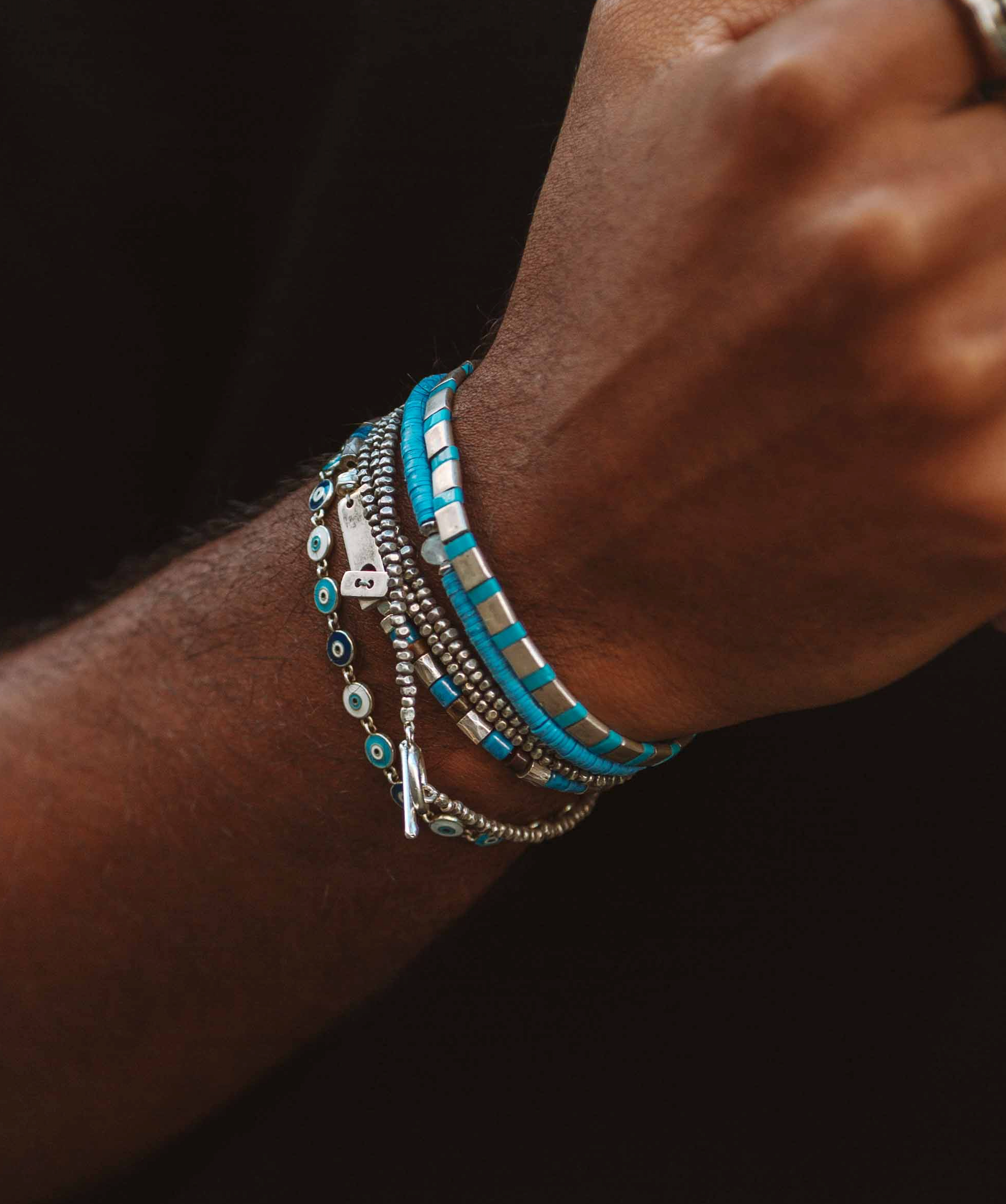 Silver Bracelet With Hand-Forged Tila Beads (Light Blue)-Bracelet-Kompsós