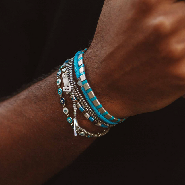 Silver Bracelet With Hand-Forged Tila Beads (Light Blue)-Bracelet-Kompsós