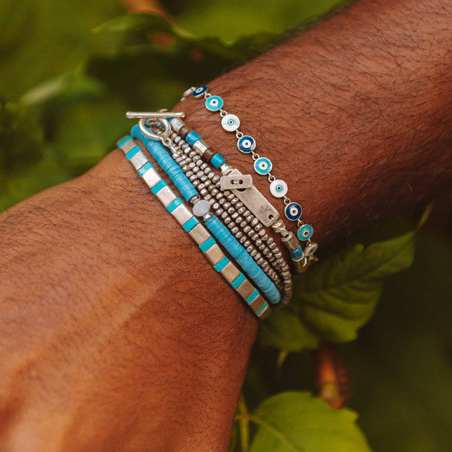 Silver Bracelet With Hand-Forged Tila Beads (Light Blue)-Bracelet-Kompsós