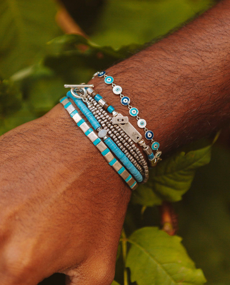 Silver Bracelet With Hand-Forged Tila Beads (Light Blue)-Bracelet-Kompsós
