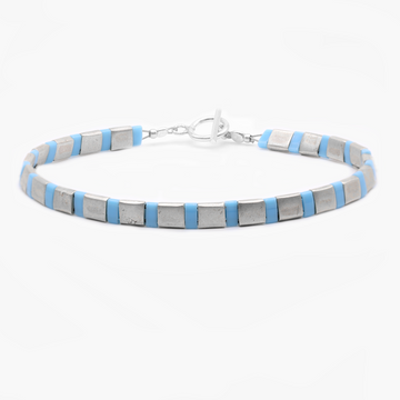 Silver Bracelet With Hand-Forged Tila Beads (Light Blue)-Bracelet-Kompsós