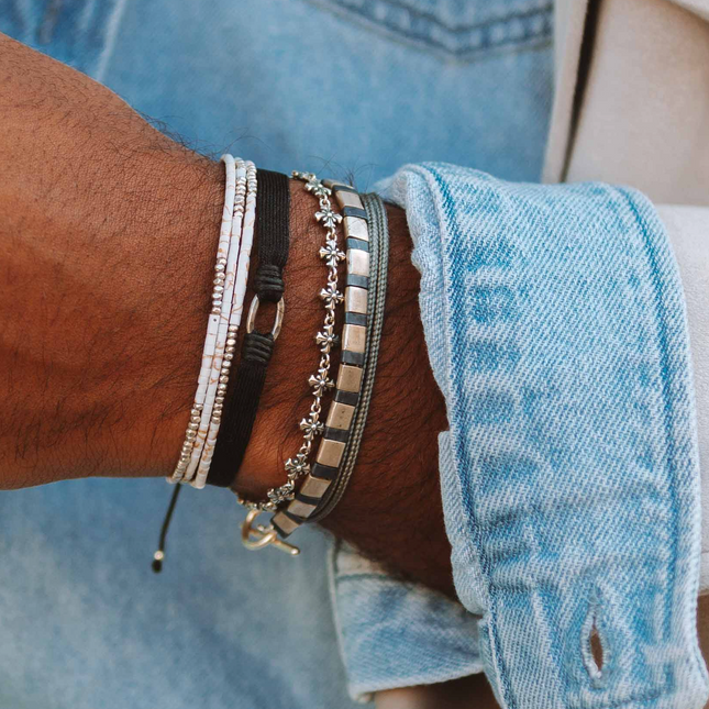 Silver Bracelet With Hand-Forged Tila Beads (Petrol Blue)-Bracelet-Kompsós