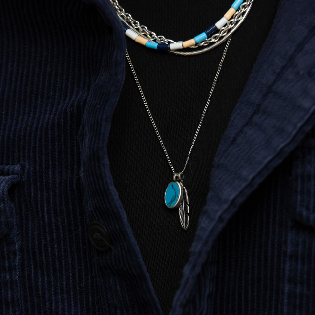 Silver Necklace With Feather And Arizona Turquoise-Necklace-Kompsós