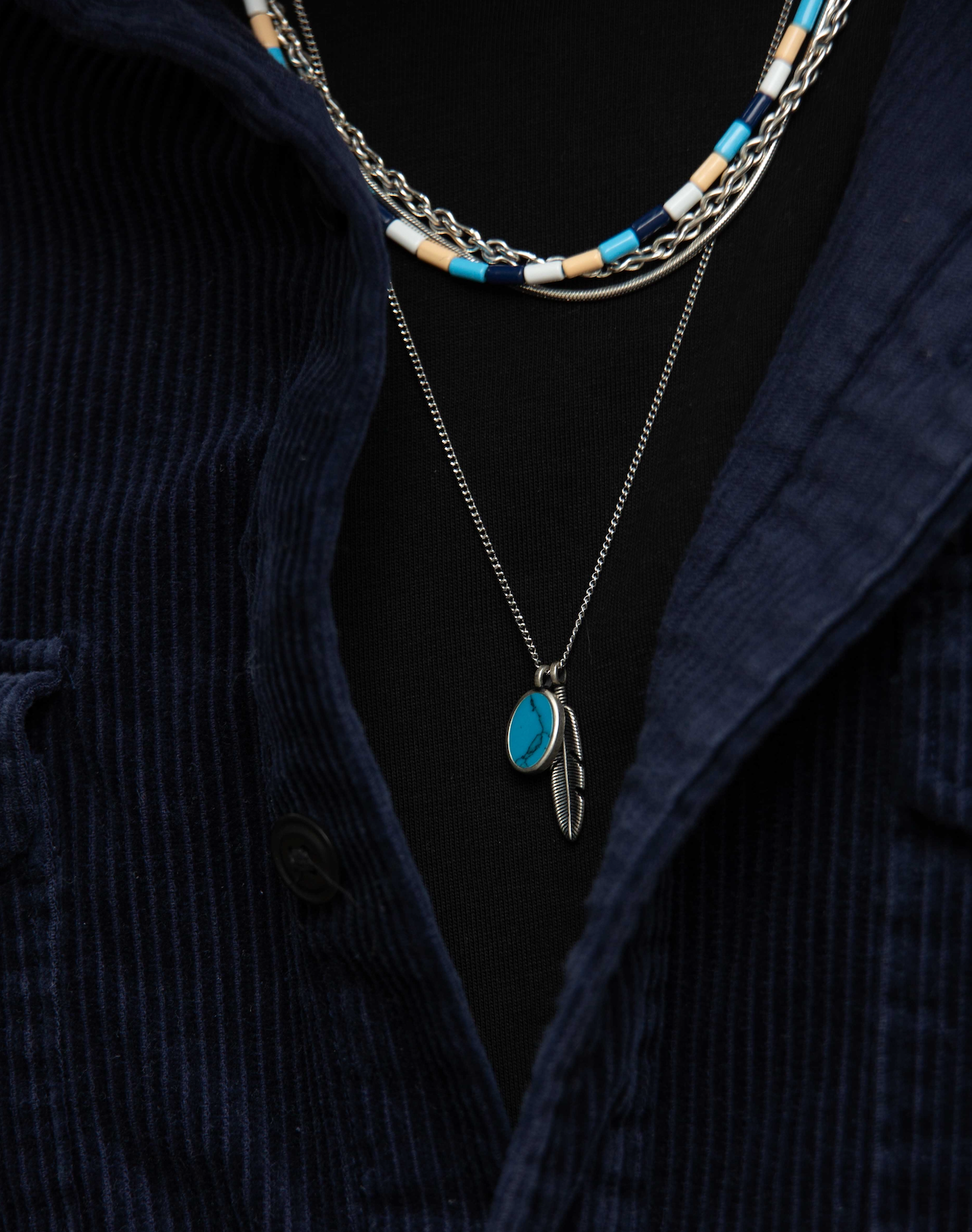 Silver Necklace With Feather And Arizona Turquoise-Necklace-Kompsós